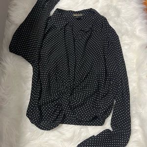 Black polka dot crop shirt with tie detail to front